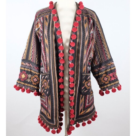 Biya Johnny Was robe jacket sz XS embroidered black red tassels pom pom pockets - Picture 1 of 8